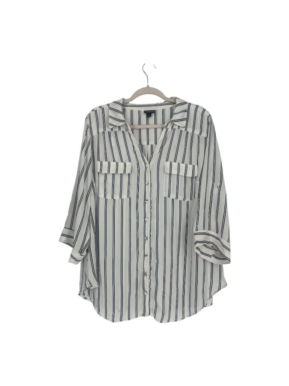 Torrid White Black Striped Button Front Blouse 2X Roll tab Casual Workwear